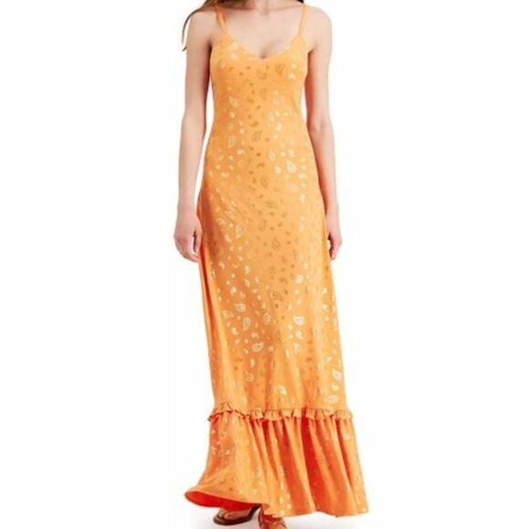 MICHAEL Michael Kors Metallic Paisley Print Maxi Dress Nectarine Gold Size S - Picture 1 of 11